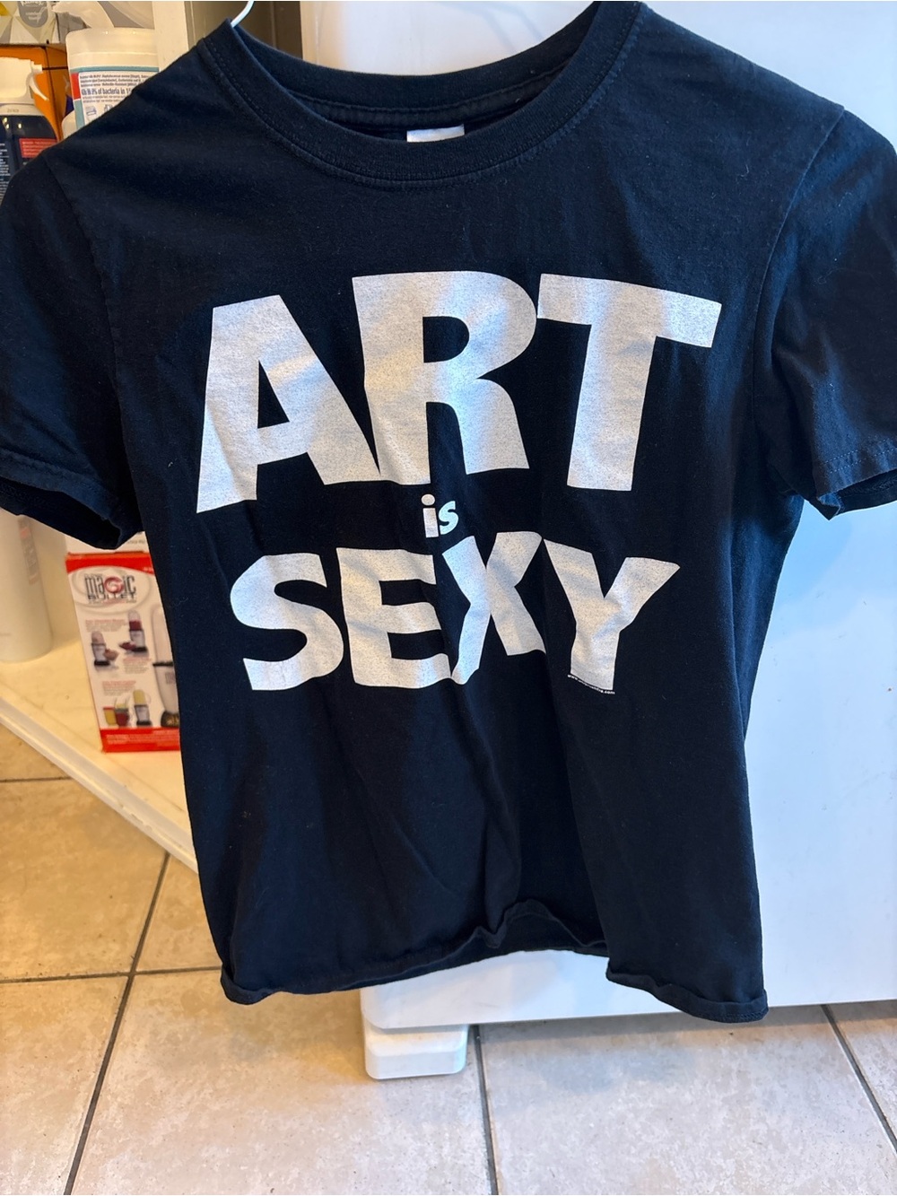 Gildan Black Tee with Large White "ART is SEXY" Graphic size small women